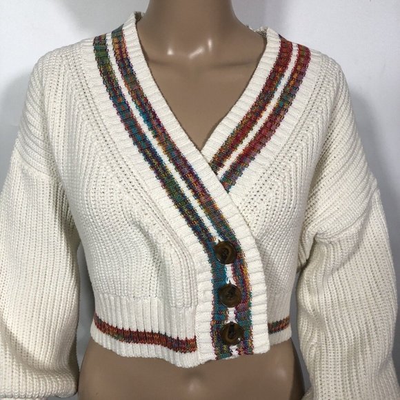 Urban Outfitters Sweaters - Urban Outfitters Women's Cropped Cardigan Sweater 3 Button Rainbow Trim Size XS